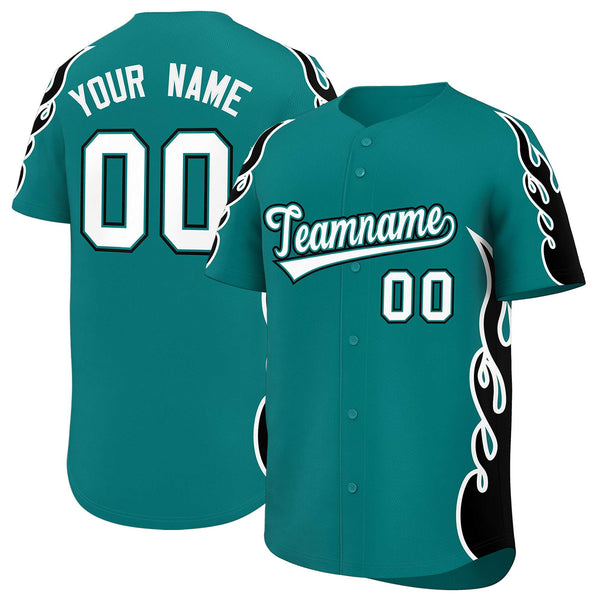 Custom Teal Black Side Flame Outline Pattern Sports Uniform Basetball Jersey | BuyFootballJersey