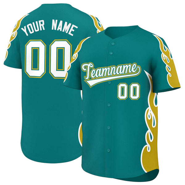 Custom Teal Old Gold Side Flame Outline Pattern Sports Uniform Basetball Jersey | BuyFootballJersey