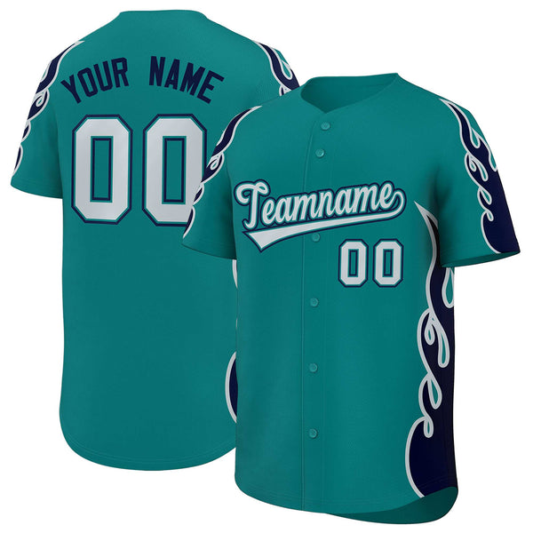 Custom Teal Navy Side Flame Outline Pattern Sports Uniform Basetball Jersey | BuyFootballJersey