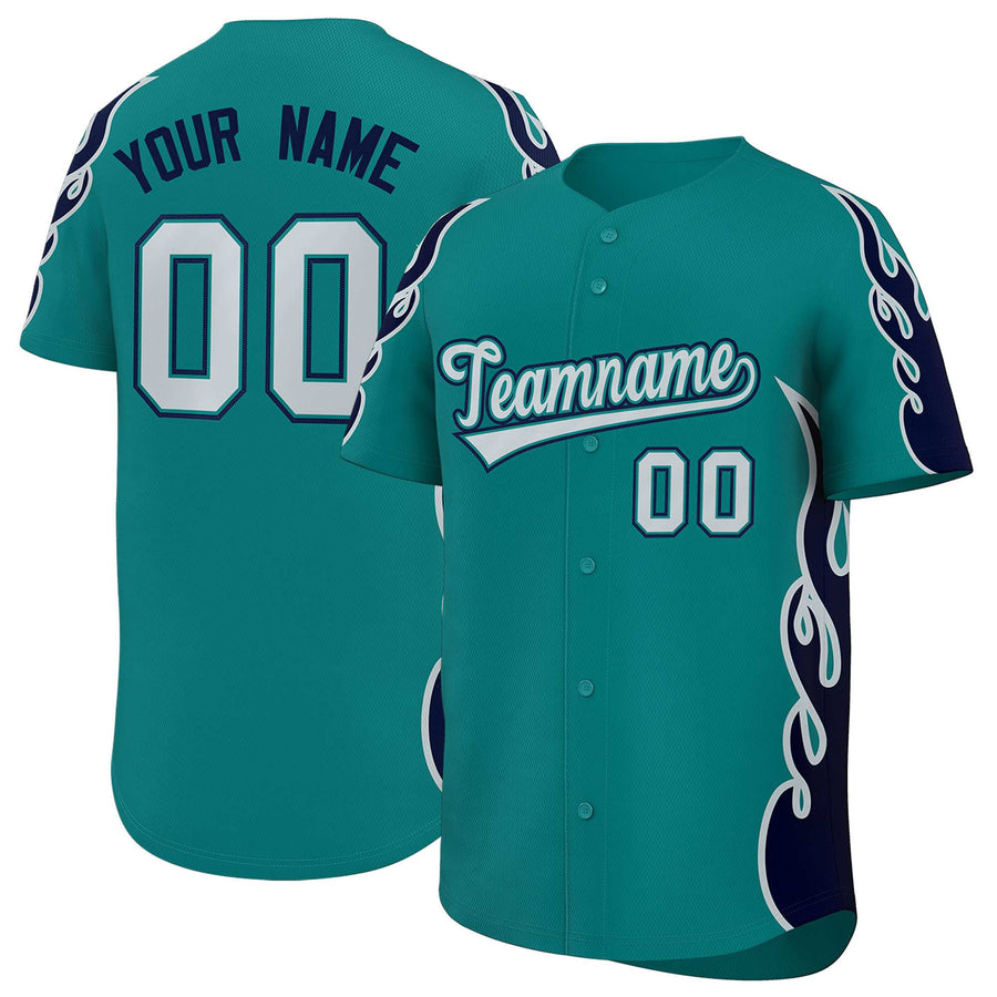 Custom Teal Navy Side Flame Outline Pattern Sports Uniform Basetball Jersey | BuyFootballJersey