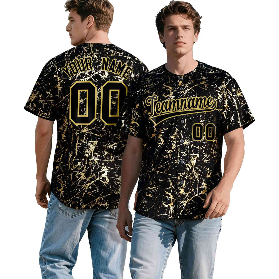 Custom Black Old Gold Black&Shiny Gold Cracked Foil Hip Hop Button Down Baseball Jersey | BuyFootballJersey
