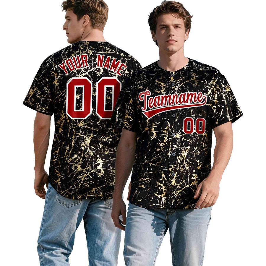 Custom Black Red Metallic Gold Splatter Breathable&Wrinkle-Resistant Baseball Jersey | BuyFootballJersey