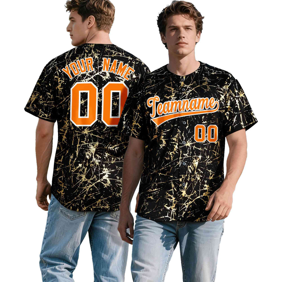 Custom Black Orange Metallic Gold Splatter Urban Streetwear Baseball Jersey | BuyFootballJersey