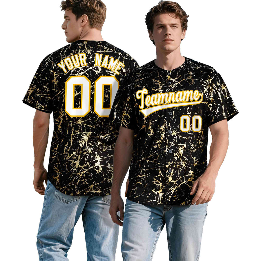 Custom Black White Black&Shiny Gold Cracked Foil Hip Hop Button Down Baseball Jersey | BuyFootballJersey
