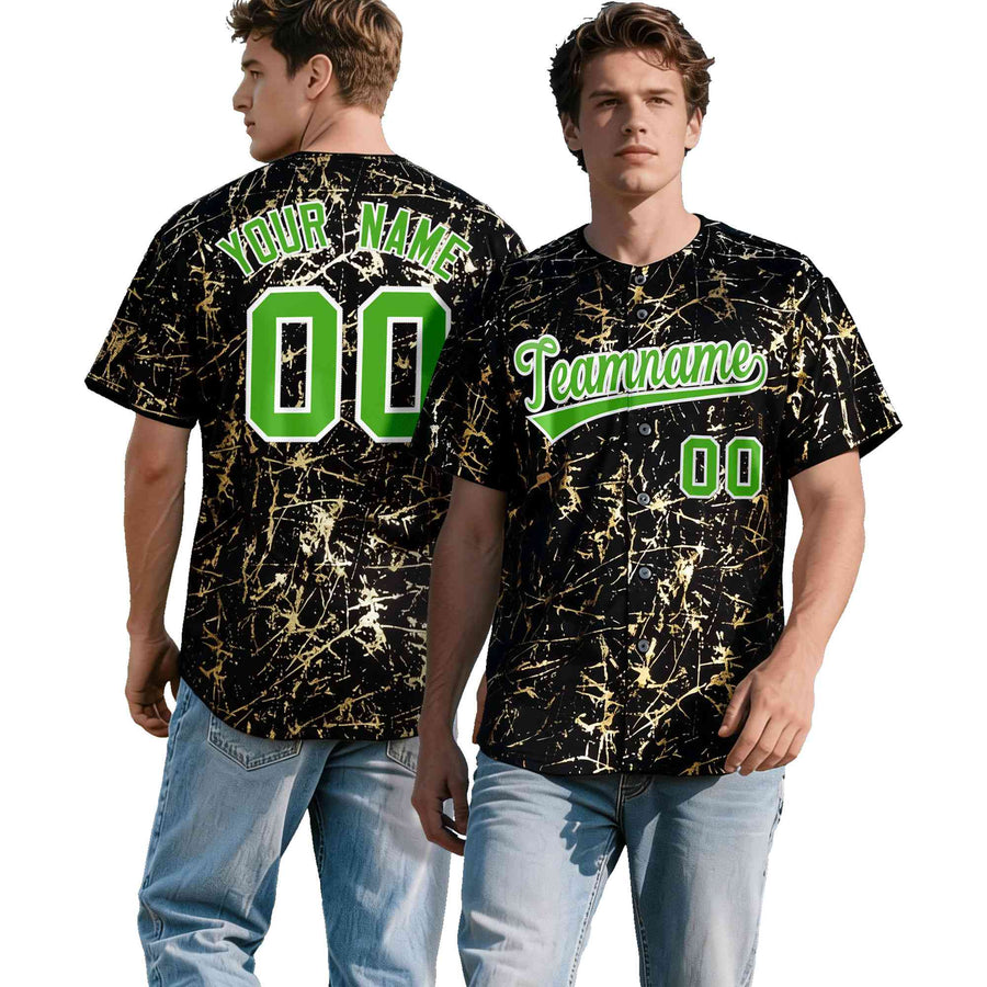 Custom Black Light Green Metallic Gold Splatter Breathable&Wrinkle-Resistant Baseball Jersey | BuyFootballJersey