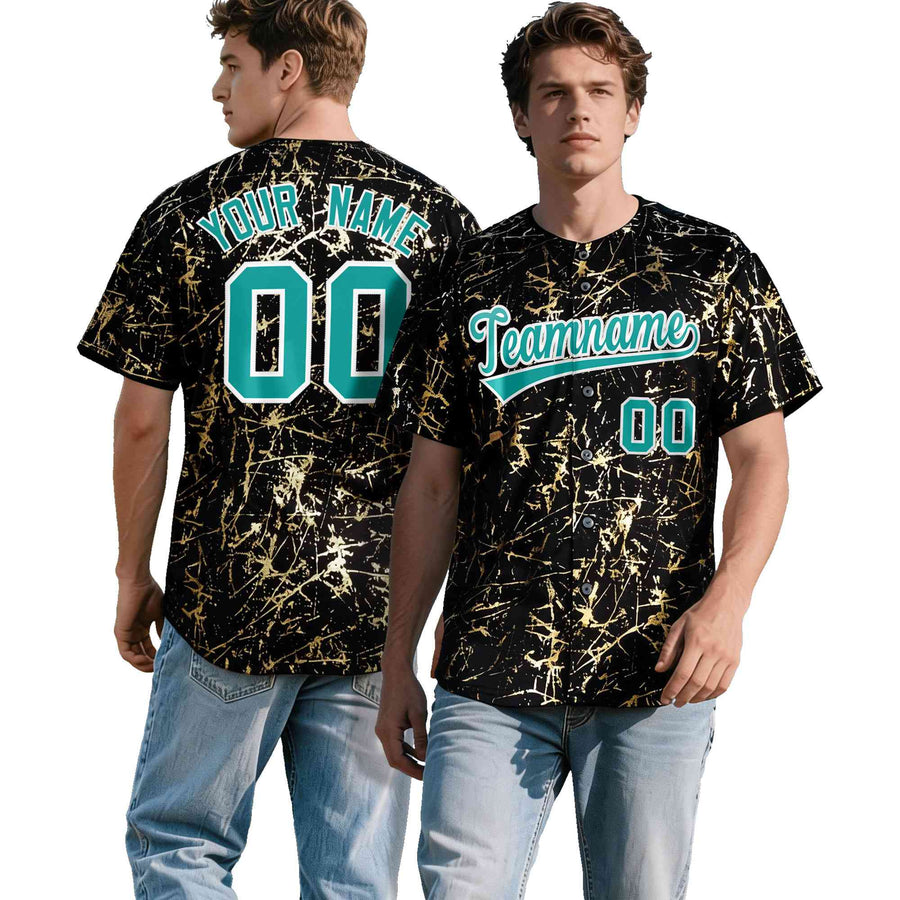 Custom Black Aqua Metallic Gold Splatter Urban Streetwear Baseball Jersey | BuyFootballJersey