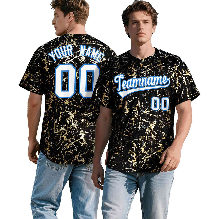 Custom Black White Black&Shiny Gold Cracked Foil Hip Hop Button Down Baseball Jersey | BuyFootballJersey