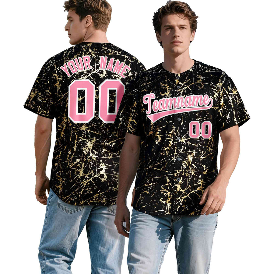 Custom Black Light Pink Metallic Gold Splatter Urban Streetwear Baseball Jersey | BuyFootballJersey