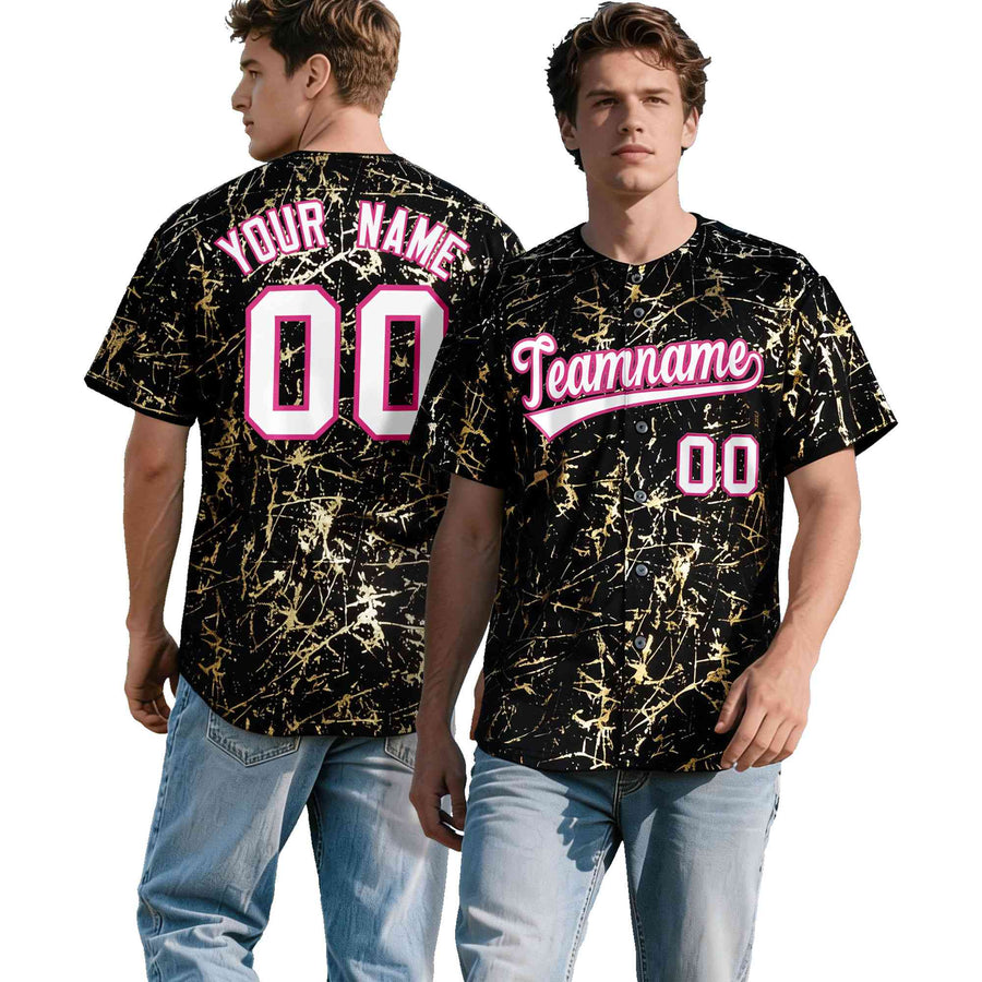 Custom Black White Black&Shiny Gold Cracked Foil Hip Hop Button Down Baseball Jersey | BuyFootballJersey