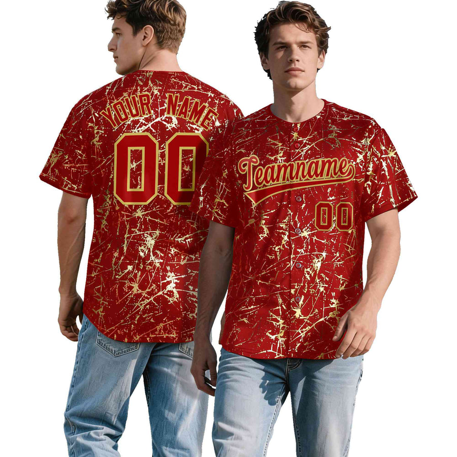 Custom Red Old Gold Metallic Gold Splatter Breathable&Wrinkle-Resistant Baseball Jersey | BuyFootballJersey