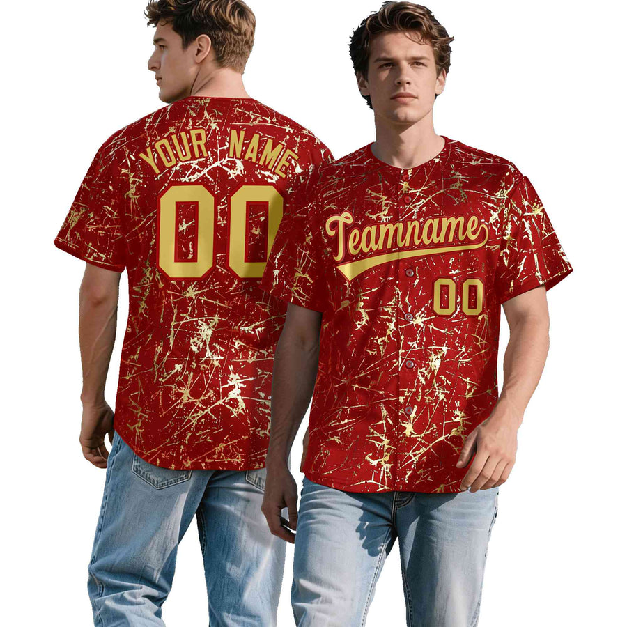Custom Red Old Gold Black&Gold Marble Print Clubwear Party Streetwear Baseball Jersey | BuyFootballJersey