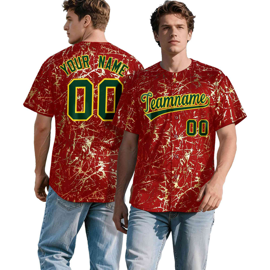 Custom Red Dark Green Metallic Gold Splatter Urban Streetwear Baseball Jersey | BuyFootballJersey