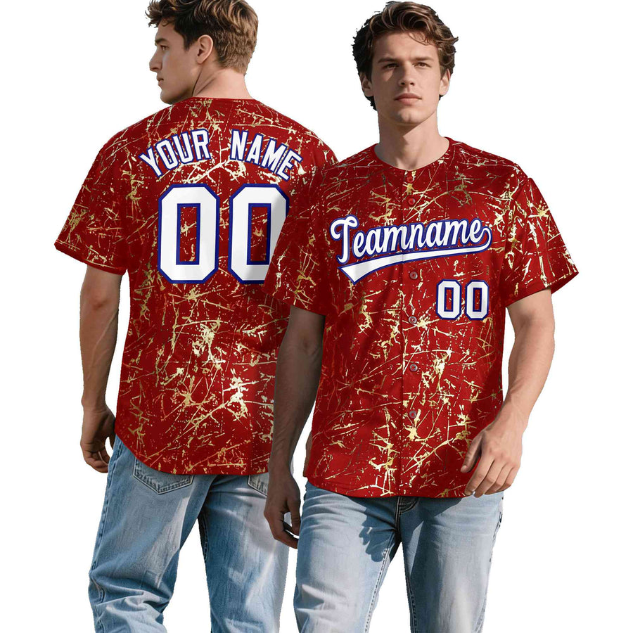 Custom Red White Black&Shiny Gold Cracked Foil Hip Hop Button Down Baseball Jersey | BuyFootballJersey