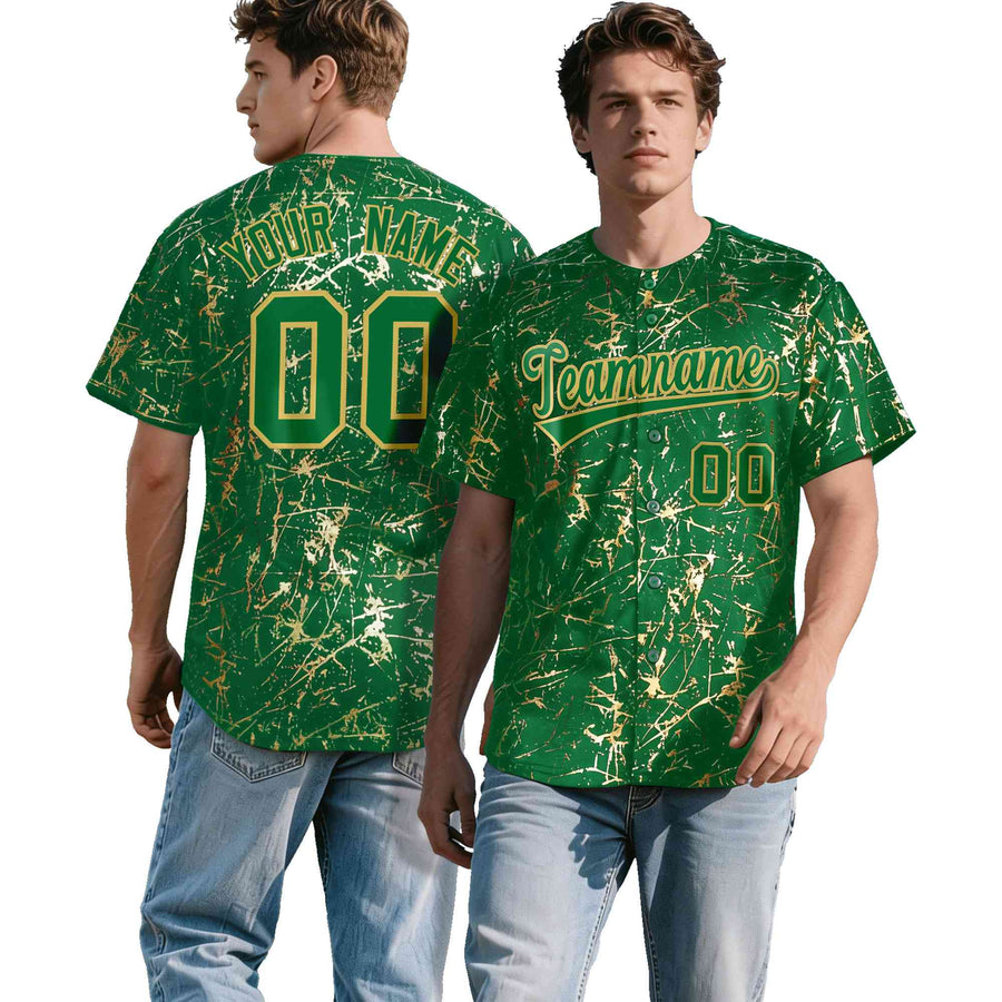 Custom Kelly Green Old Gold Shiny Gold Cracked Texture Baseball Jersey | BuyFootballJersey
