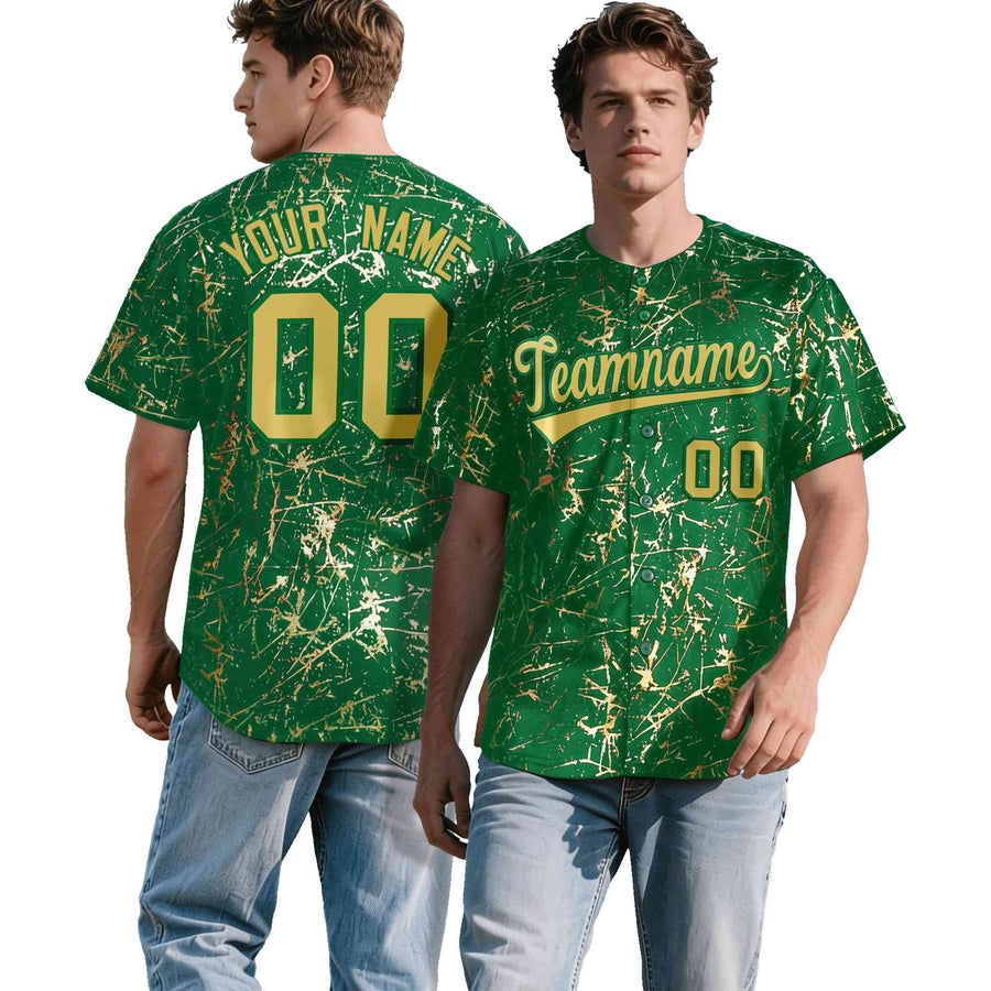 Custom Kelly Green Old Gold Black&Shiny Gold Cracked Foil Hip Hop Button Down Baseball Jersey | BuyFootballJersey