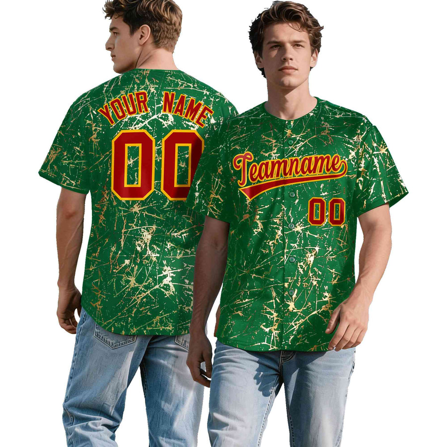 Custom Kelly Green Red Metallic Gold Splatter Breathable&Wrinkle-Resistant Baseball Jersey | BuyFootballJersey