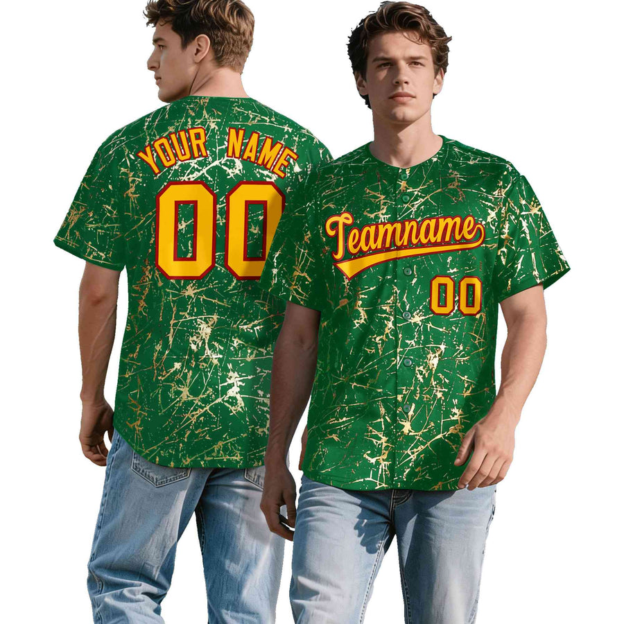 Custom Kelly Green Yellow Black&Gold Marble Print Clubwear Party Streetwear Baseball Jersey | BuyFootballJersey