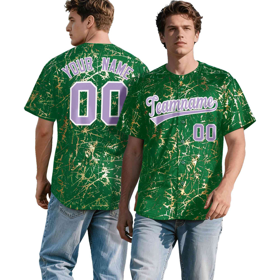 Custom Kelly Green Light Purple Metallic Gold Splatter Urban Streetwear Baseball Jersey | BuyFootballJersey