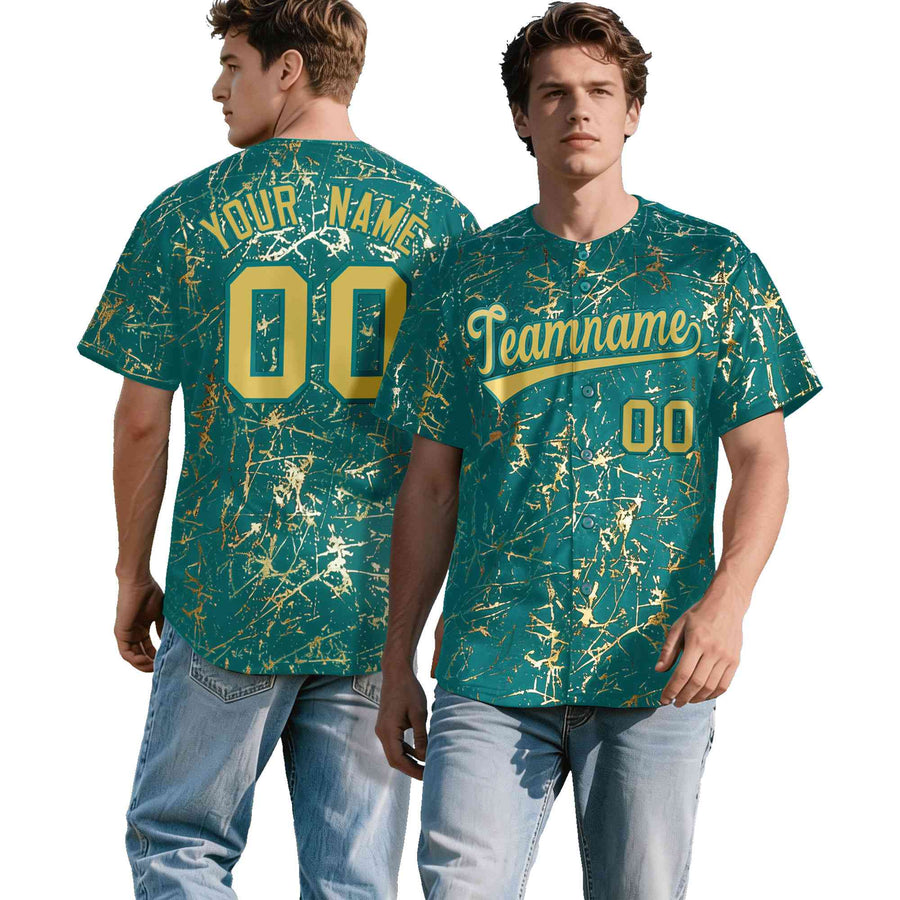 Custom Teal Old Gold Black&Shiny Gold Cracked Foil Hip Hop Button Down Baseball Jersey | BuyFootballJersey