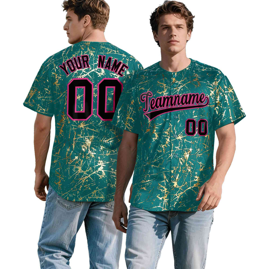 Custom Teal Black Metallic Gold Splatter Breathable&Wrinkle-Resistant Baseball Jersey | BuyFootballJersey