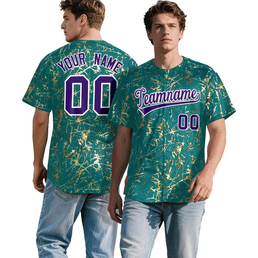 Custom Teal Purple Metallic Gold Splatter Urban Streetwear Baseball Jersey | BuyFootballJersey