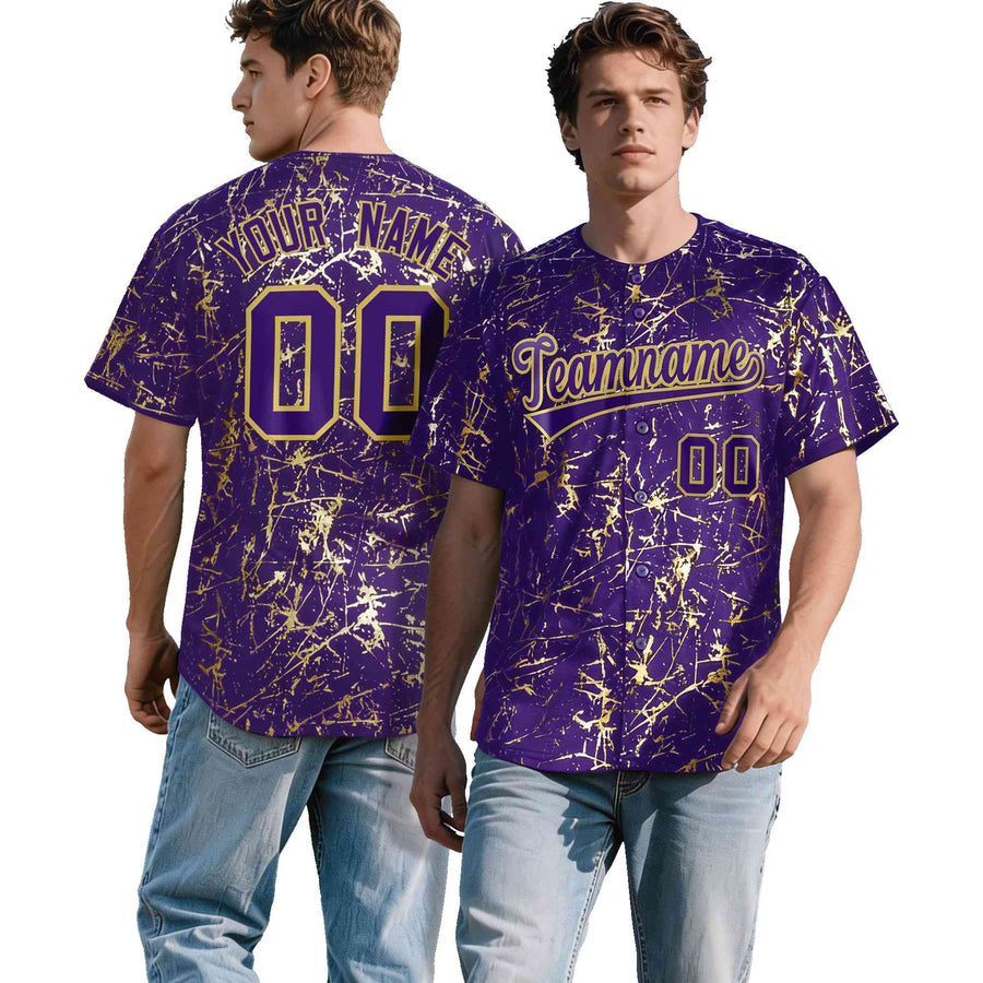 Custom Purple Old Gold Shiny Gold Cracked Texture Baseball Jersey | BuyFootballJersey