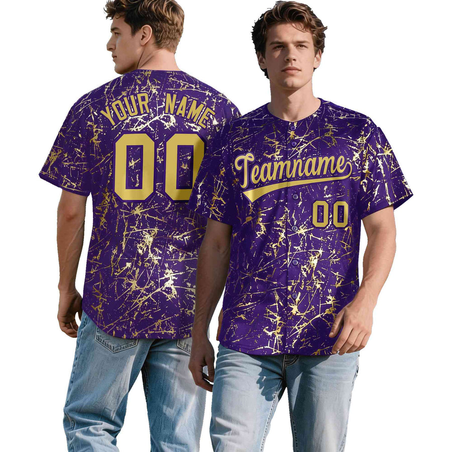 Custom Purple Old Gold Black&Shiny Gold Cracked Foil Hip Hop Button Down Baseball Jersey | BuyFootballJersey