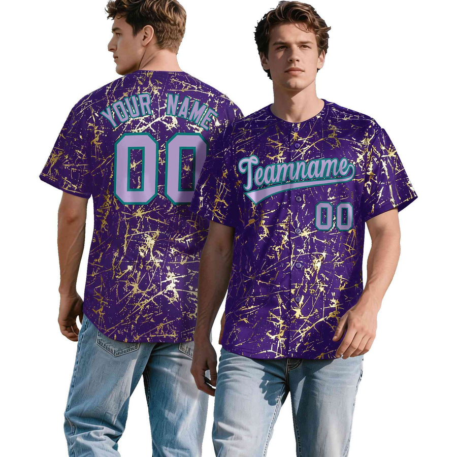 Custom Purple Light Purple Metallic Gold Splatter Breathable&Wrinkle-Resistant Baseball Jersey | BuyFootballJersey