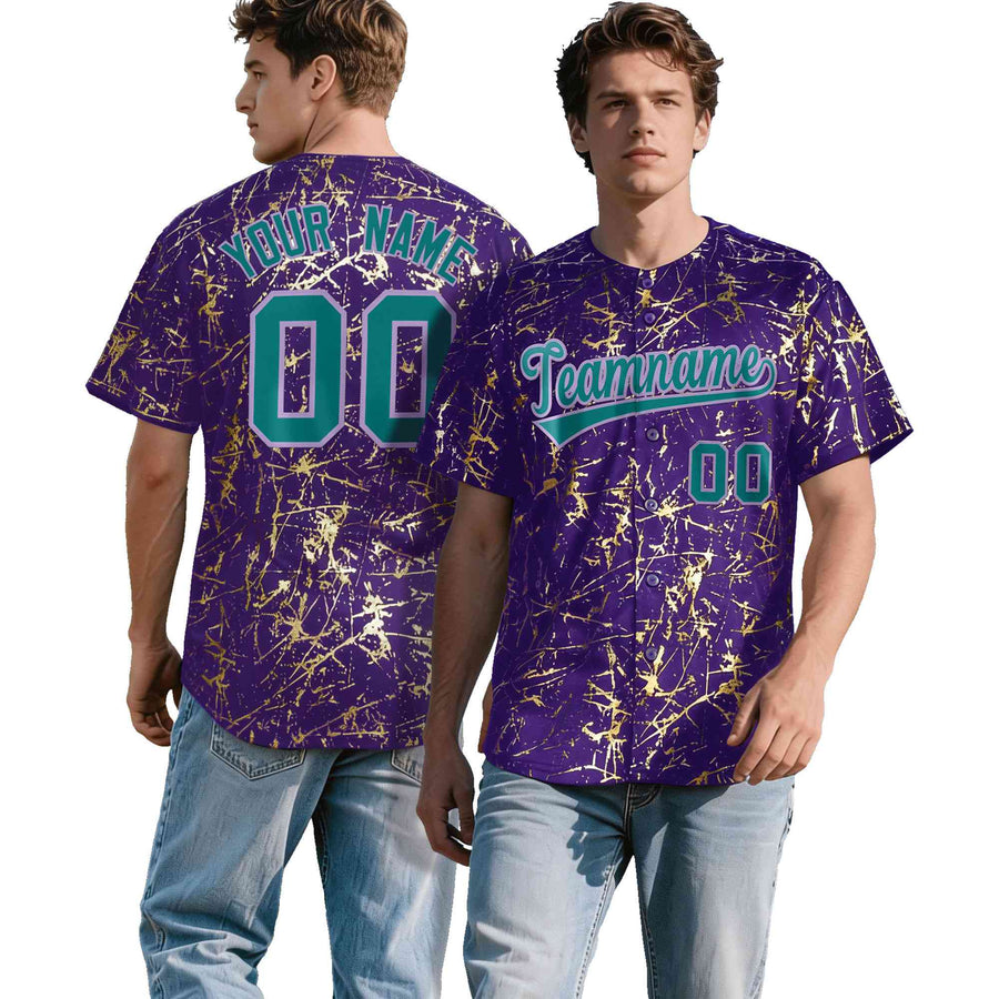 Custom Purple Teal Black&Gold Marble Print Clubwear Party Streetwear Baseball Jersey | BuyFootballJersey