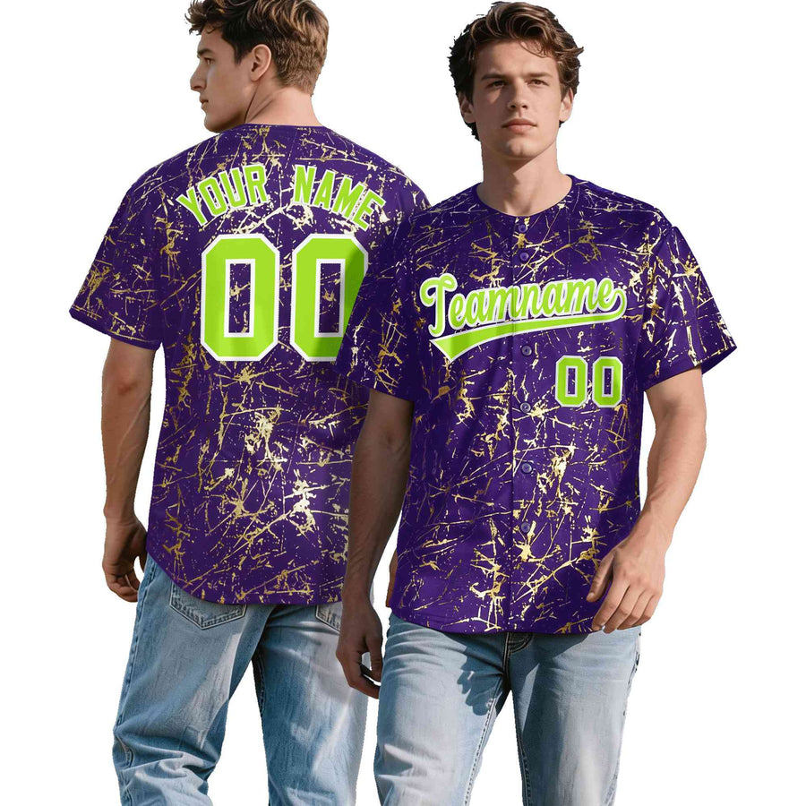 Custom Purple Neon Green Metallic Gold Splatter Urban Streetwear Baseball Jersey | BuyFootballJersey