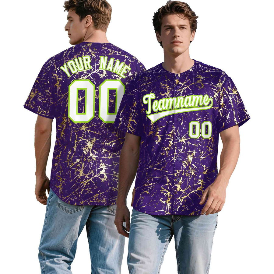 Custom Purple White Black&Shiny Gold Cracked Foil Breathable Mesh Streetwear Baseball Jersey | BuyFootballJersey