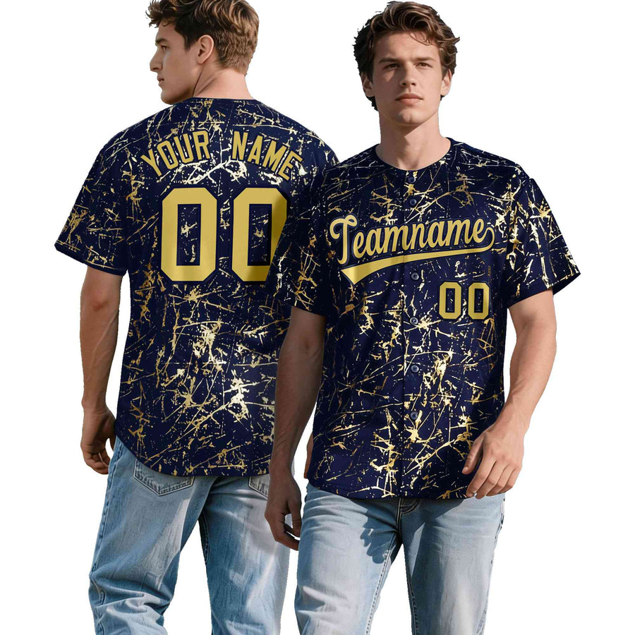 Custom Navy Old Gold Black&Shiny Gold Cracked Foil Hip Hop Button Down Baseball Jersey | BuyFootballJersey