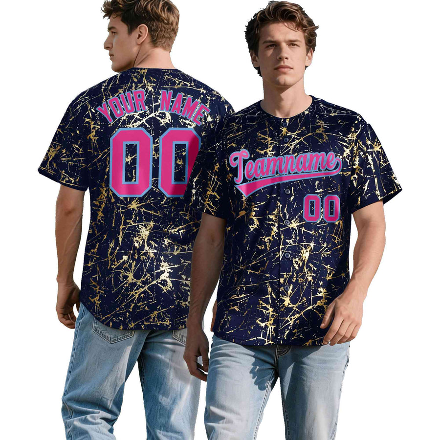 Custom Navy Rose Red Metallic Gold Splatter Breathable&Wrinkle-Resistant Baseball Jersey | BuyFootballJersey