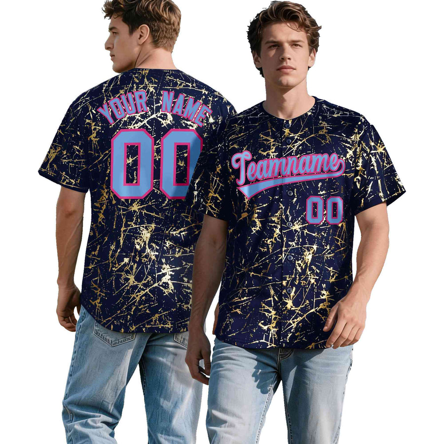 Custom Navy Powder Blue Black&Gold Marble Print Clubwear Party Streetwear Baseball Jersey | BuyFootballJersey