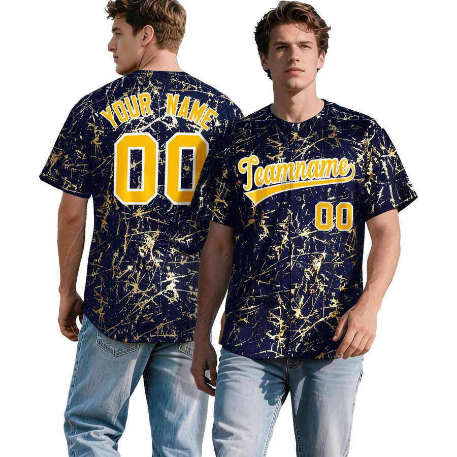 Custom Navy Yellow Metallic Gold Splatter Urban Streetwear Baseball Jersey | BuyFootballJersey