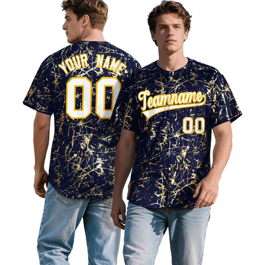 Custom Navy White Black&Shiny Gold Cracked Foil Breathable Mesh Streetwear Baseball Jersey | BuyFootballJersey