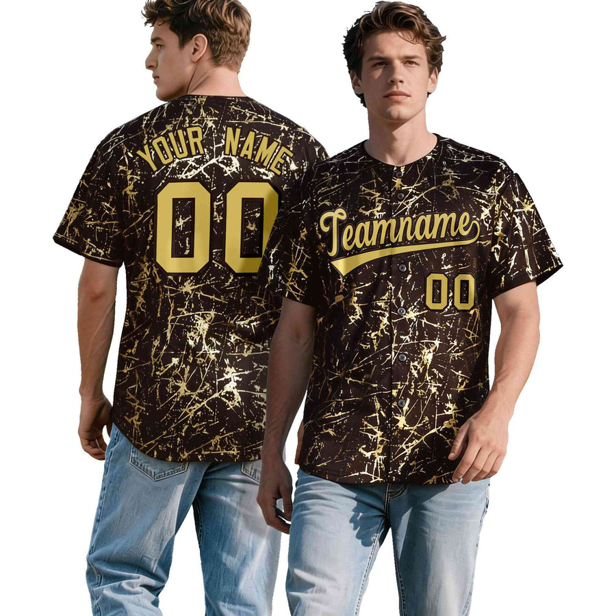 Custom Brown Old Gold Black&Shiny Gold Cracked Foil Hip Hop Button Down Baseball Jersey | BuyFootballJersey