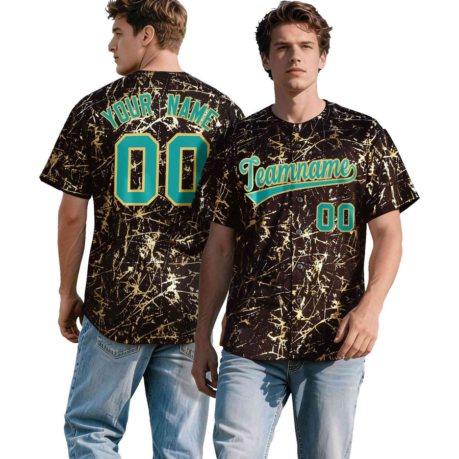 Custom Brown Aqua Metallic Gold Splatter Breathable&Wrinkle-Resistant Baseball Jersey | BuyFootballJersey