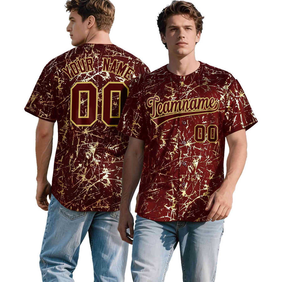 Custom Crimson Burgundy Shiny Gold Cracked Texture Baseball Jersey | BuyFootballJersey