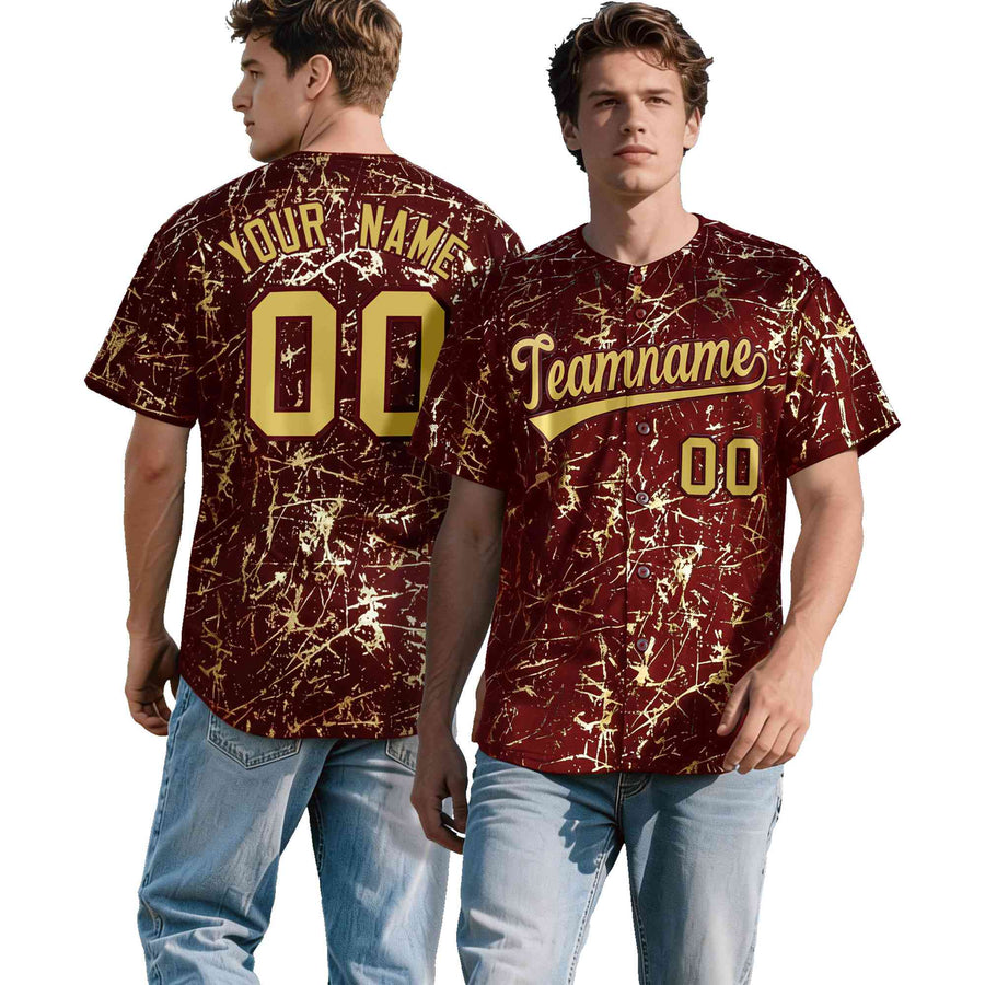 Custom Crimson Old Gold Black&Shiny Gold Cracked Foil Hip Hop Button Down Baseball Jersey | BuyFootballJersey