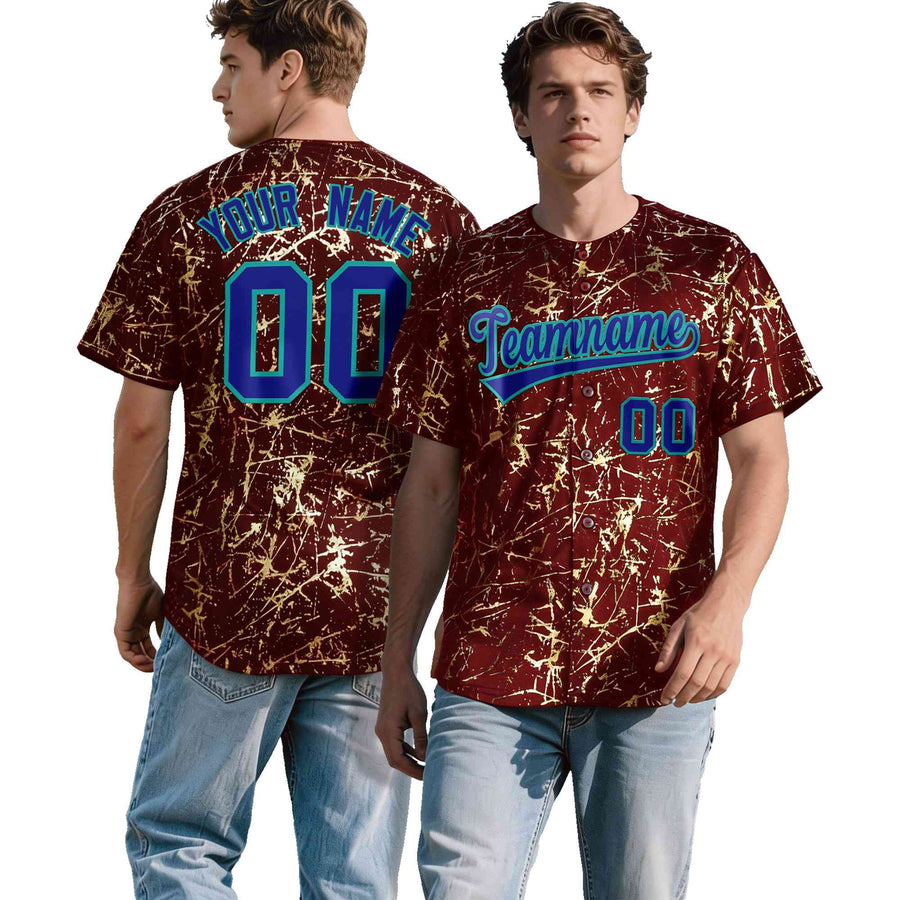 Custom Crimson Royal Metallic Gold Splatter Breathable&Wrinkle-Resistant Baseball Jersey | BuyFootballJersey