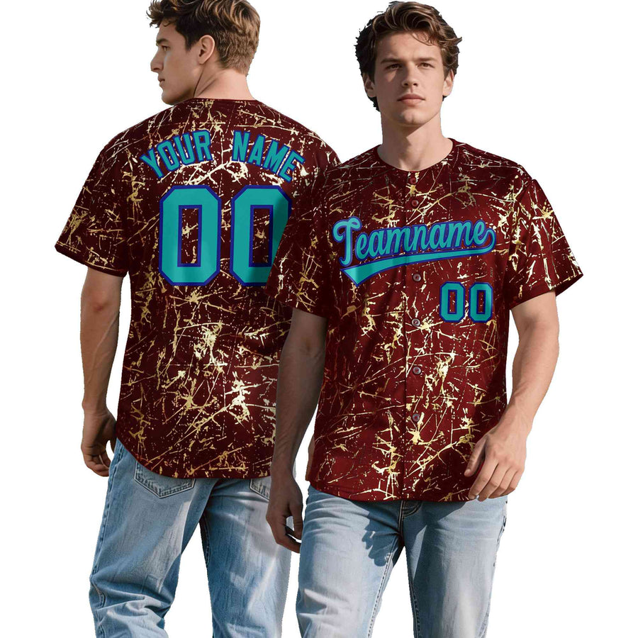 Custom Crimson Aqua Black&Gold Marble Print Clubwear Party Streetwear Baseball Jersey | BuyFootballJersey