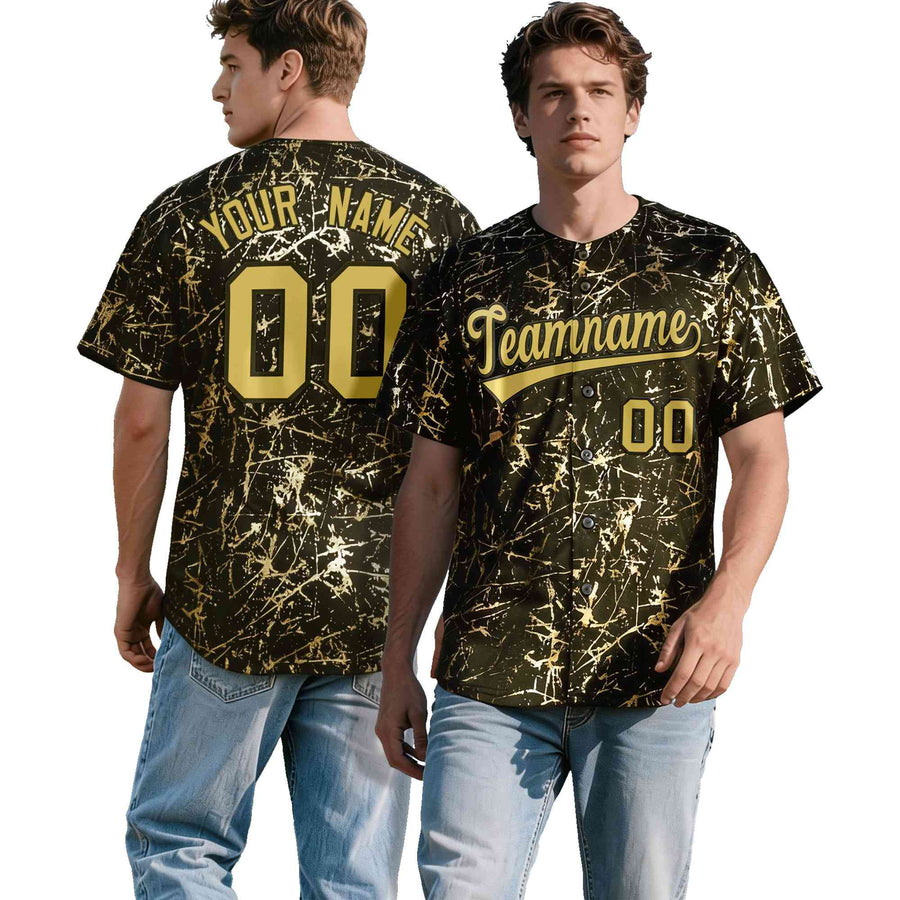 Custom Olive Old Gold Black&Shiny Gold Cracked Foil Hip Hop Button Down Baseball Jersey | BuyFootballJersey