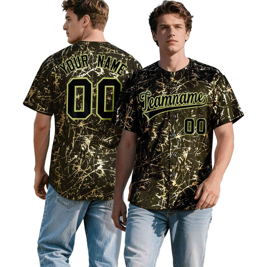 Custom Olive Black Metallic Gold Splatter Breathable&Wrinkle-Resistant Baseball Jersey | BuyFootballJersey