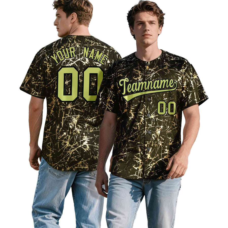 Custom Olive Champagne Black&Gold Marble Print Clubwear Party Streetwear Baseball Jersey | BuyFootballJersey