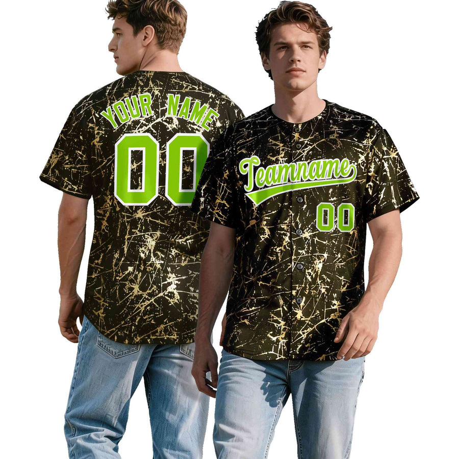 Custom Olive Neon Green Metallic Gold Splatter Urban Streetwear Baseball Jersey | BuyFootballJersey