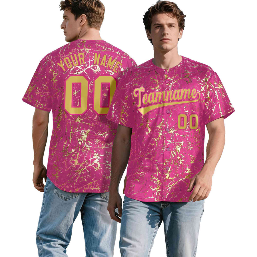 Custom Pink Old Gold Black&Shiny Gold Cracked Foil Hip Hop Button Down Baseball Jersey | BuyFootballJersey