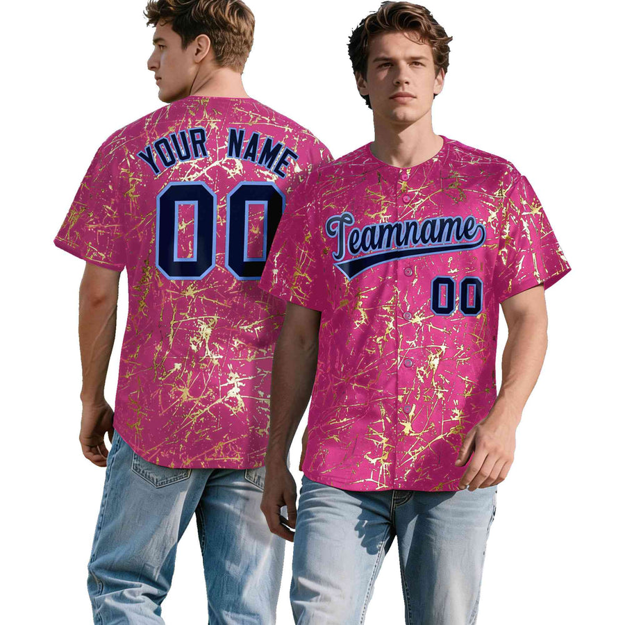 Custom Pink Navy Metallic Gold Splatter Breathable&Wrinkle-Resistant Baseball Jersey | BuyFootballJersey