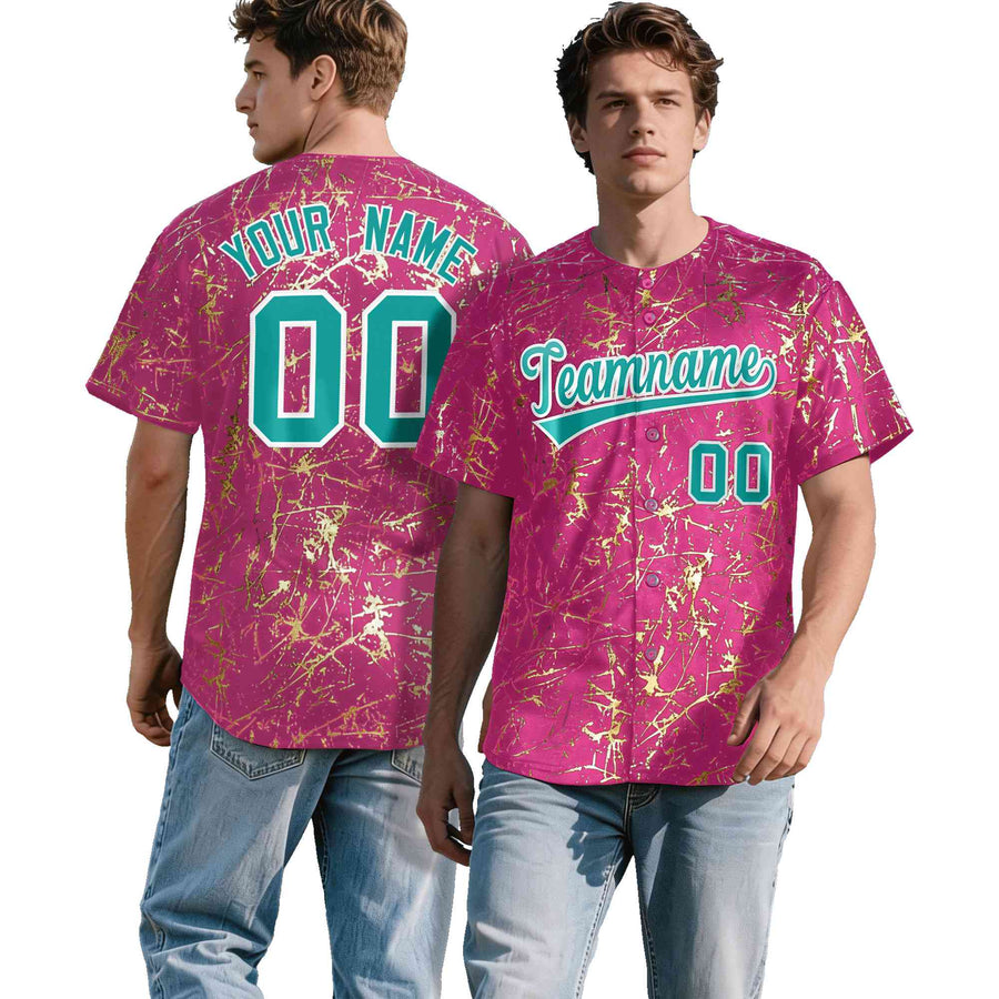 Custom Pink Aqua Metallic Gold Splatter Urban Streetwear Baseball Jersey | BuyFootballJersey