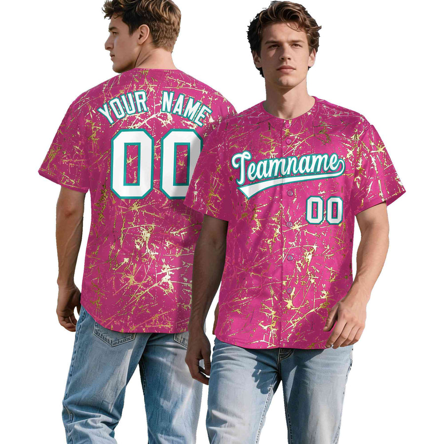 Custom Pink White Black&Shiny Gold Cracked Foil Breathable Mesh Streetwear Baseball Jersey | BuyFootballJersey